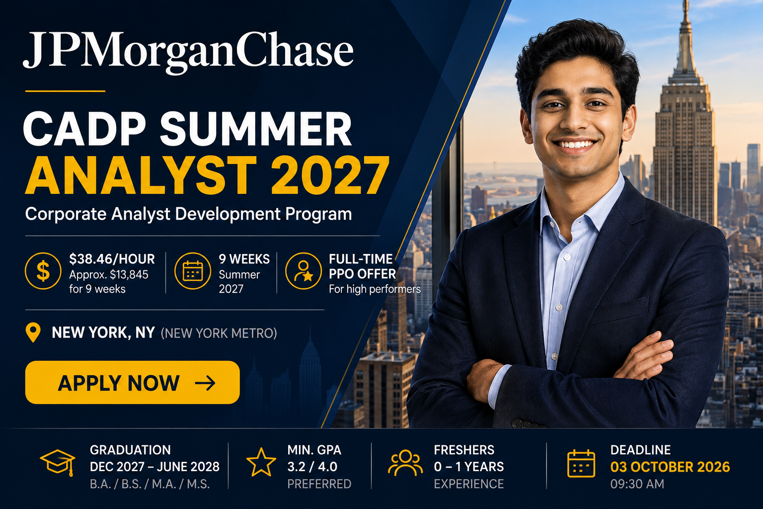 JPMorgan CADP Summer Analyst 2027 – $38.46/Hr, New York